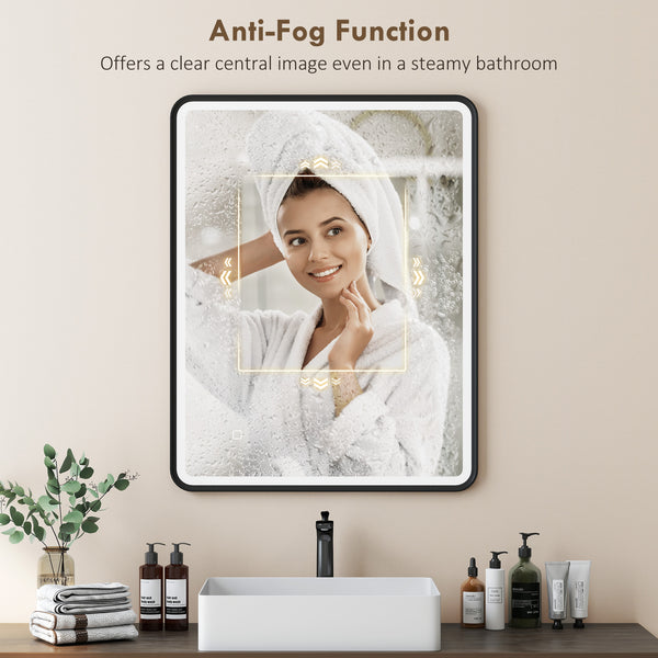 Bathroom mirror with LED lighting, wall-mounted, 3 colors, dimmable, horizontal/vertical format, black