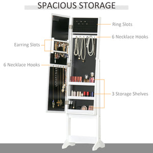 Freestanding jewelry cabinet with illuminated mirror, adjustable angle and 16 LEDs, warm white