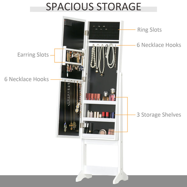 Freestanding jewelry cabinet with illuminated mirror, adjustable angle and 16 LEDs, warm white