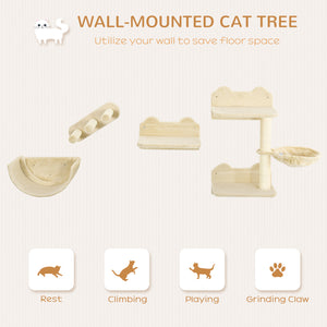 Wall-mounted cat shelves including a hammock and a scratching post, beige.