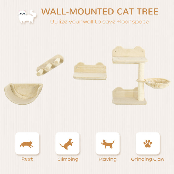 Wall-mounted cat shelves including a hammock and a scratching post, beige.