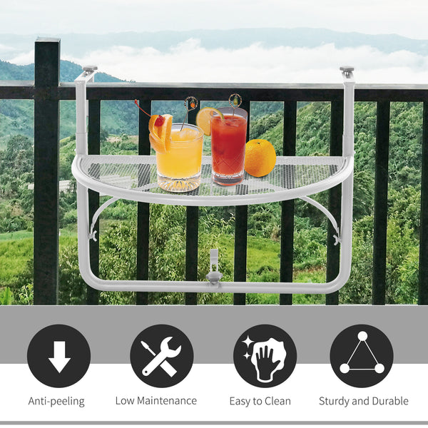 Adjustable metal balcony table, half-round serving table, white