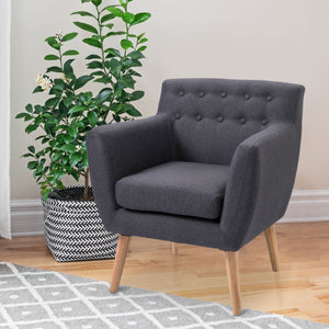 Linen accent chair with wooden frame and thick padding, dark grey