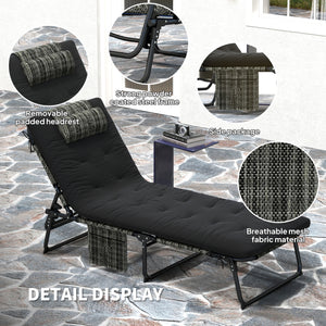 Folding lounge chair with 4-level reclining backrest and cushion, black