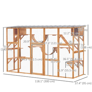 Large cat enclosure with niches, platforms, ladders and sturdy roof, orange.