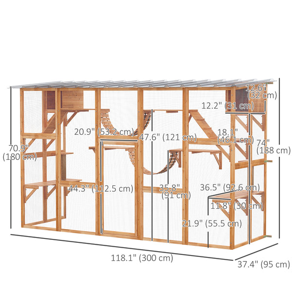Large cat enclosure with niches, platforms, ladders and sturdy roof, orange.