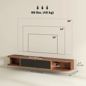 47" Floating Wall Mounted TV Stand with Drop-Down Drawer and 2 Open Shelves, Walnut
