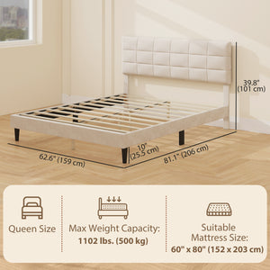 Queen Size Bed Frame with Upholstered Headboard and Wooden Slats, Cream Color