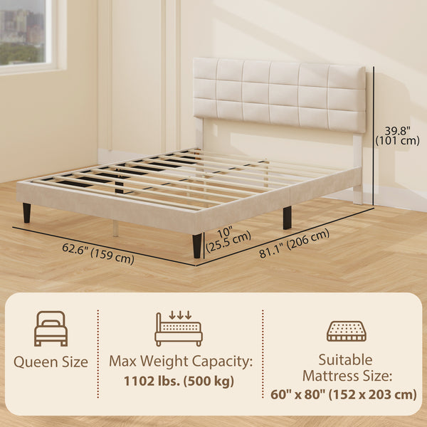 Queen Size Bed Frame with Upholstered Headboard and Wooden Slats, Cream Color