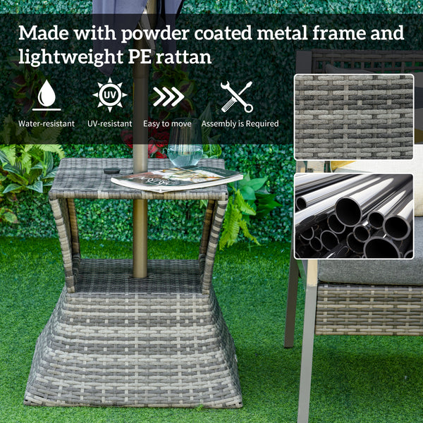 Square side table in woven rattan with parasol hole and 2-tier storage