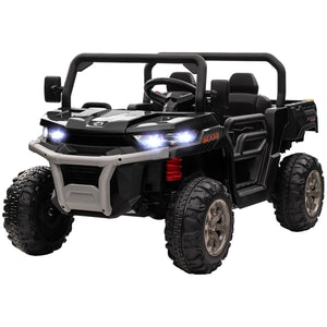 12V car with electric bucket, two seats, shovel, remote control, spring suspension, horn, music, black