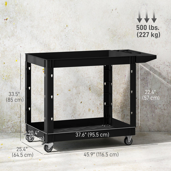 2-Tier Rolling Tool Cart, 500 lb Capacity, Plastic Utility Cart with Handle, Black