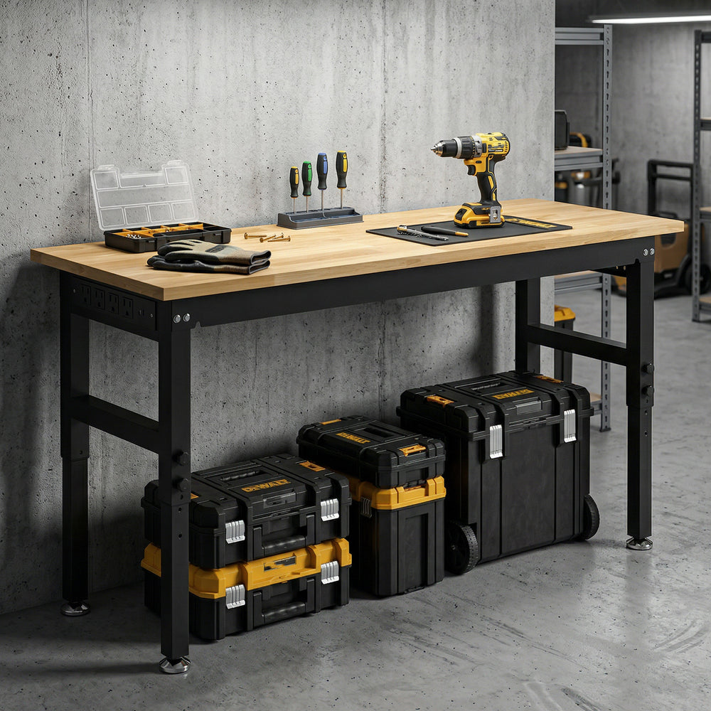 Height-adjustable heavy-duty workbench with power outlets, USB ports, and tool pegboard – Natural wood and black