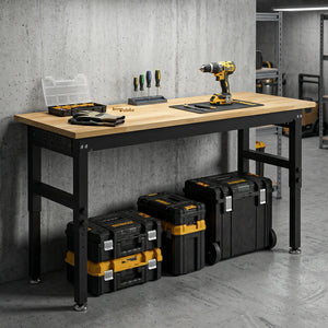 Height-adjustable heavy-duty workbench with power outlets, USB ports, and tool pegboard – Natural wood and black