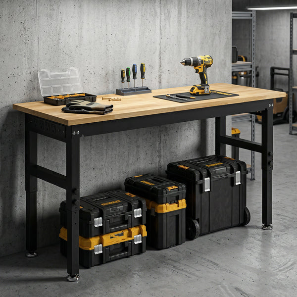 Height-adjustable heavy-duty workbench with power outlets, USB ports, and tool pegboard – Natural wood and black