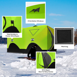 Insulated ice fishing shelter for 8 people, with ventilation windows and carry bag, for temperatures down to -30°C, green