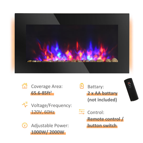 91 cm 750/1500 W wall-mounted electric fireplace, black 