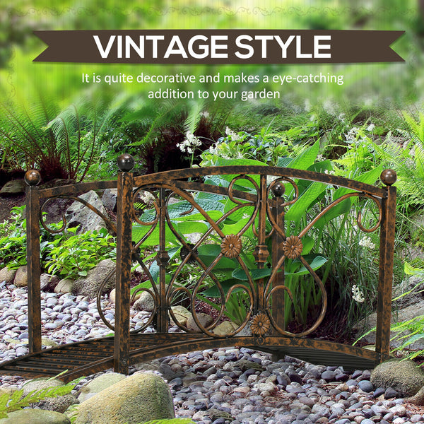Decorative metal garden bridge with railing, black bronze finish