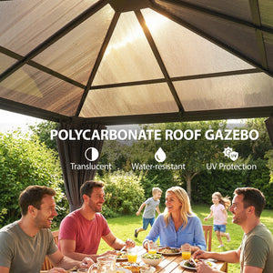 10 ft x 10 ft rigid roof gazebo with steel frame, central hook and curtains, light grey, made of UV50+ anti-polycarbonate.