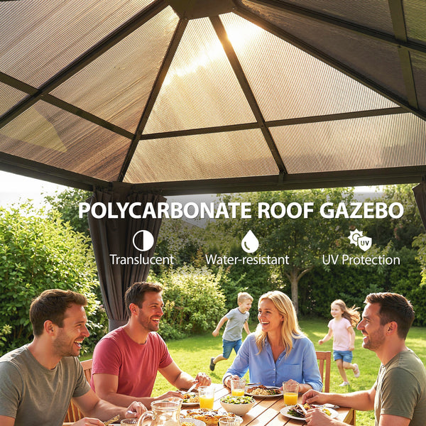 10 ft x 10 ft rigid roof gazebo with steel frame, central hook and curtains, light grey, made of UV50+ anti-polycarbonate.