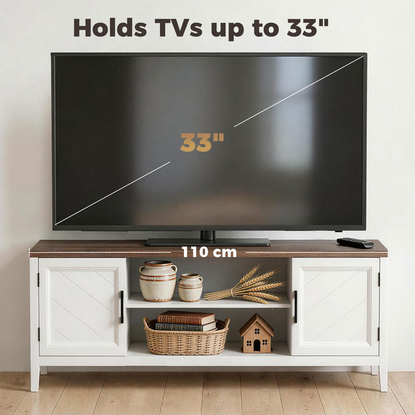 TV stand for up to 55-inch TVs with 2 open shelves, 2 cupboards, thick top, white and brown