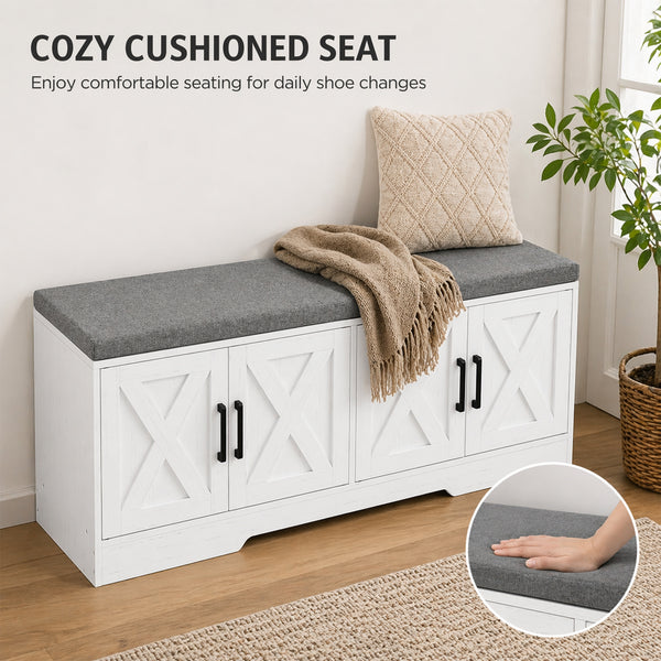 Shoe Bench with Cushion, Doors and Adjustable Shelves for Entryway, White