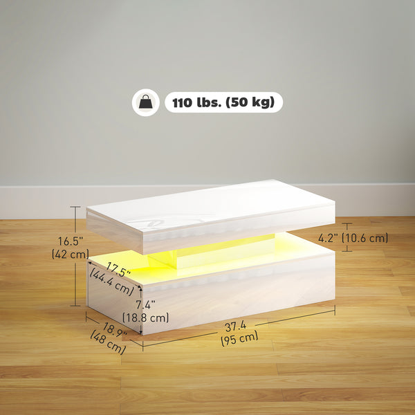 LED coffee table with 2 drawers and open shelf, glossy white