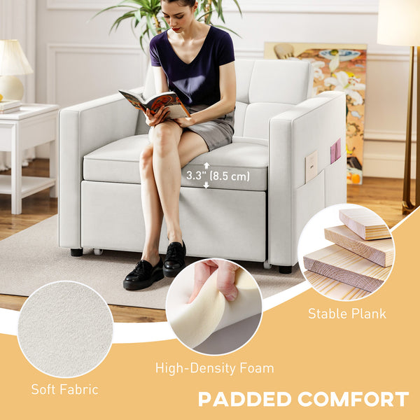 Sofa beds with USB port, adjustable backrest in velvet, cream white
