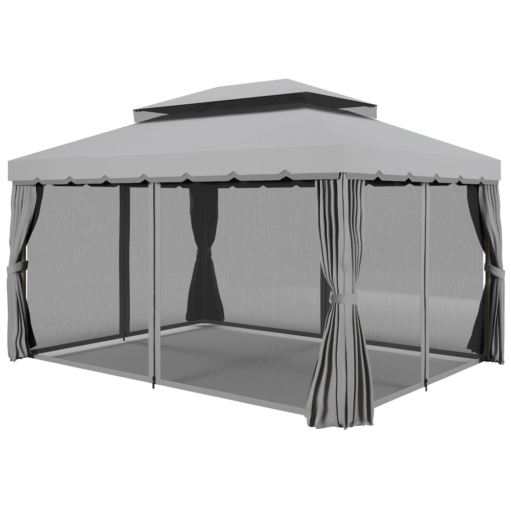 13' x 10' Patio Gazebo Canopy with 2-Tier Polyester Roof, Vented Mesh Sidewall & Strong Aluminum Frame, Light Grey