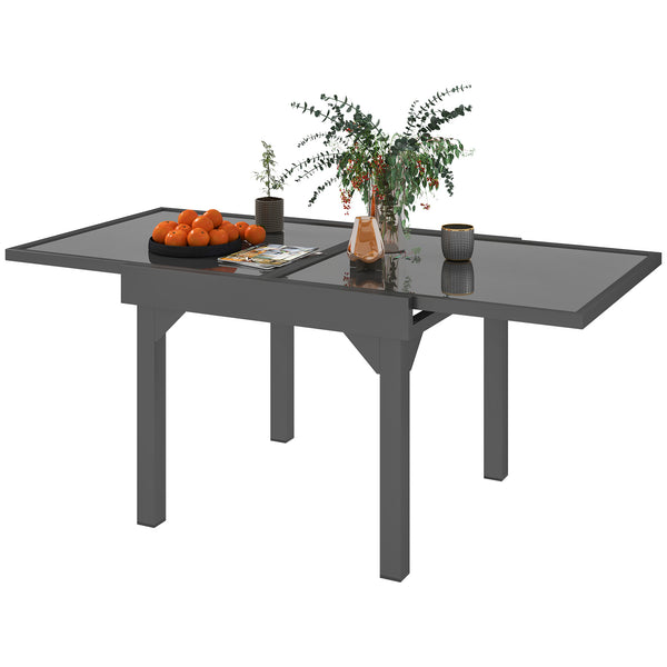 Extendable outdoor table with tempered glass top and metal frame