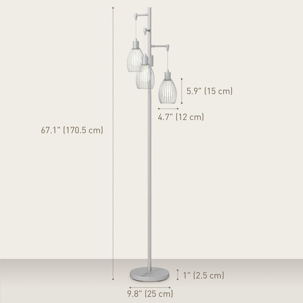 Industrial floor lamp with 3 hanging lampshades, silver