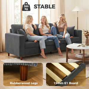 3-seater sofa with wide seat, in corduroy, spring cushions, dark grey