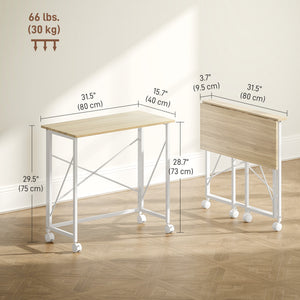 Compact folding desk on casters for small spaces – Oak and white finish