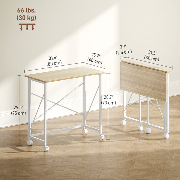 Compact folding desk on casters for small spaces – Oak and white finish