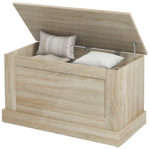 Storage trunk with safety hinge, natural wood look