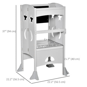Foldable Toddler Kitchen Step Stool with Chalkboard and Locking Handrail, Grey