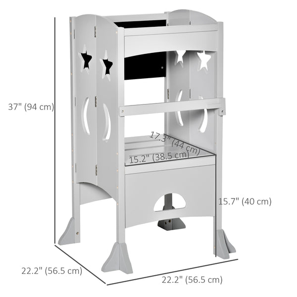Foldable Toddler Kitchen Step Stool with Chalkboard and Locking Handrail, Grey