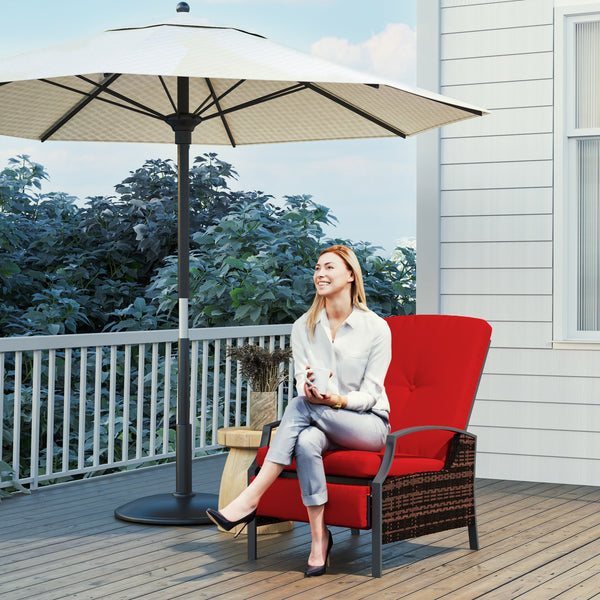 Outdoor Rattan Recliner Chair with Adjustable Backrest and Retractable Footrest, Wine Red Color