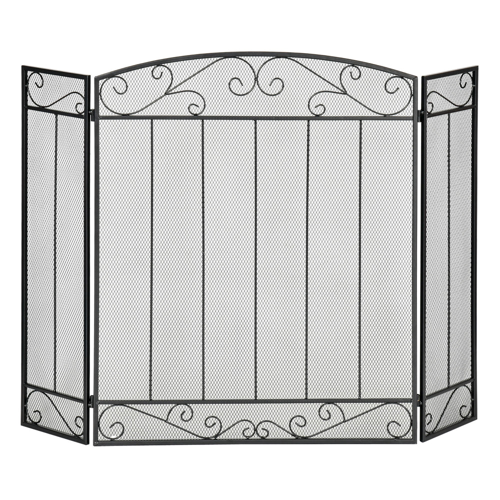 3-Panel Folding Steel Mesh Spark Screen with Black Vine Pattern