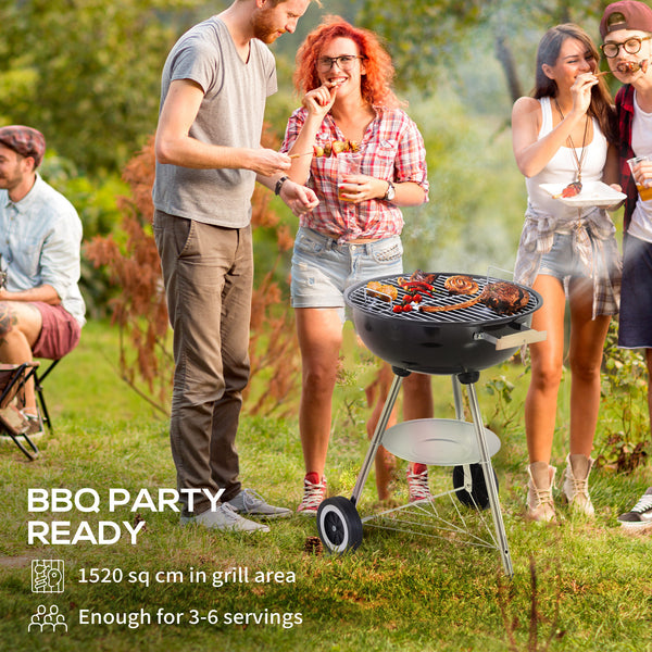 Portable Charcoal BBQ Grill, Steel Outdoor Camp Picnic Cooker with Lid, Air Vents, Wheels and Storage Shelf, Black