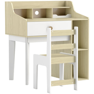 Desk and chair set with storage shelves and drawer, white