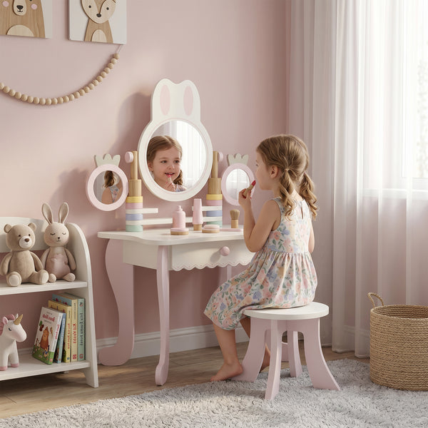 Children's dressing table with 3 mirrors and stool, pink