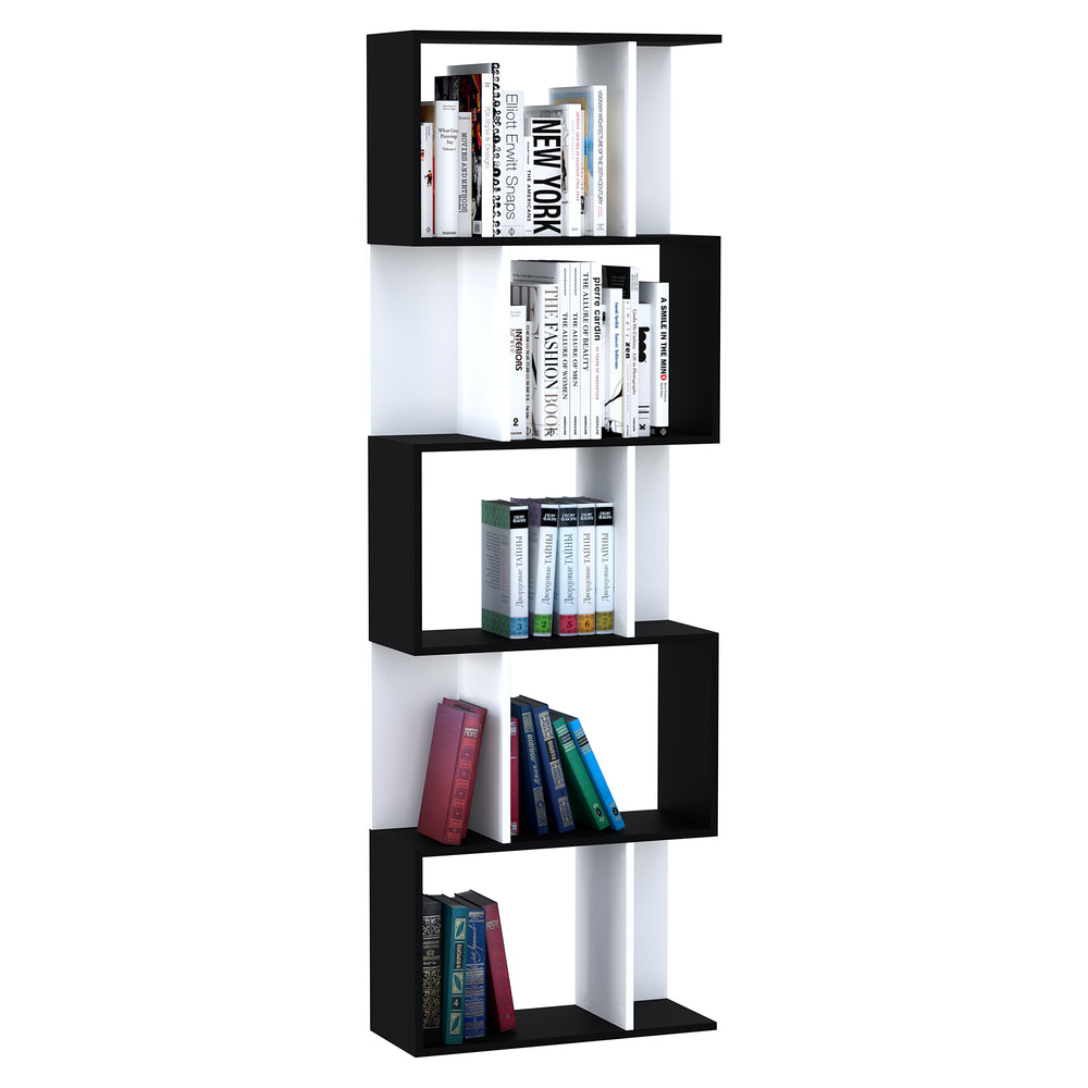 Modern 5-tier bookcase with divider, black and white