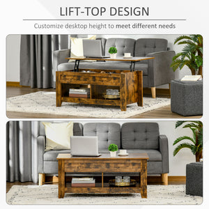 Lift-top coffee table with hidden storage compartment and open shelves, brown