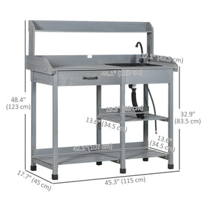 Potting table with drawer, removable sink and hooks, grey