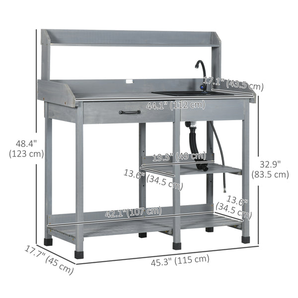 Potting table with drawer, removable sink and hooks, grey
