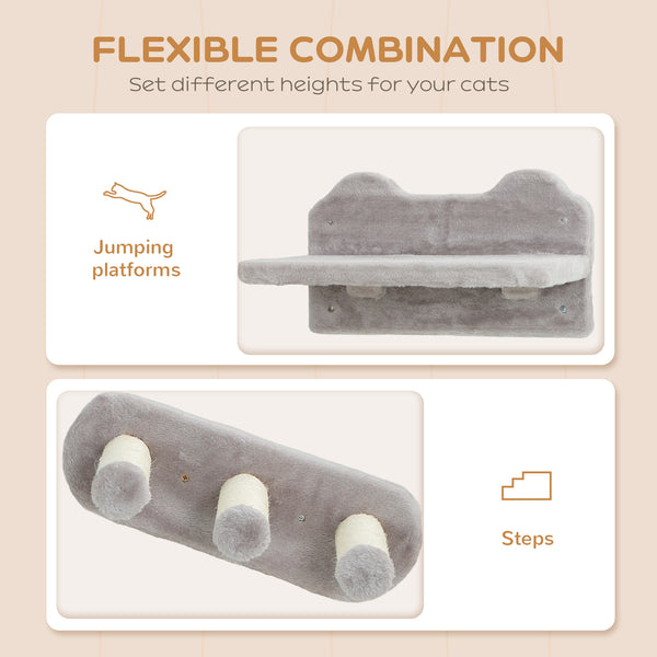 Wall-mounted cat shelves with scratching post, perches, steps and ladder, light grey