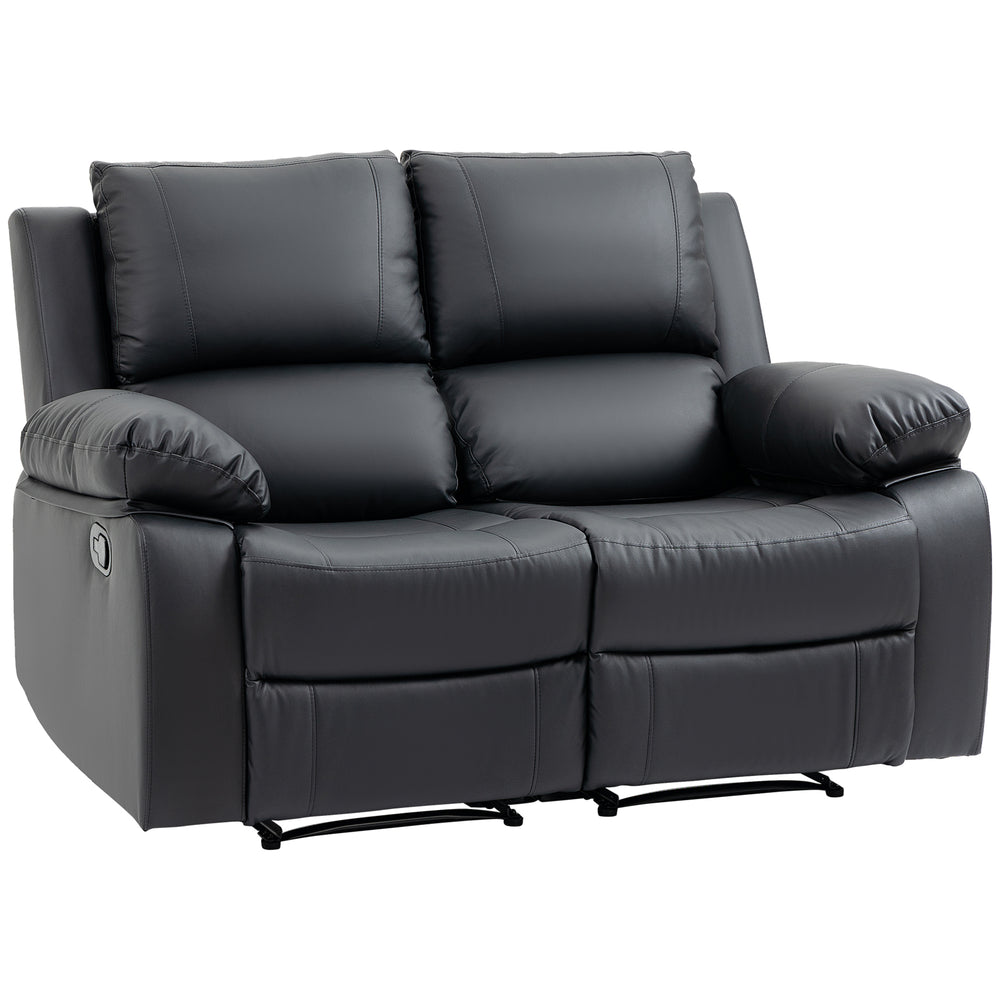 Manual Reclining Leather Double Sofa with Footstool, Black