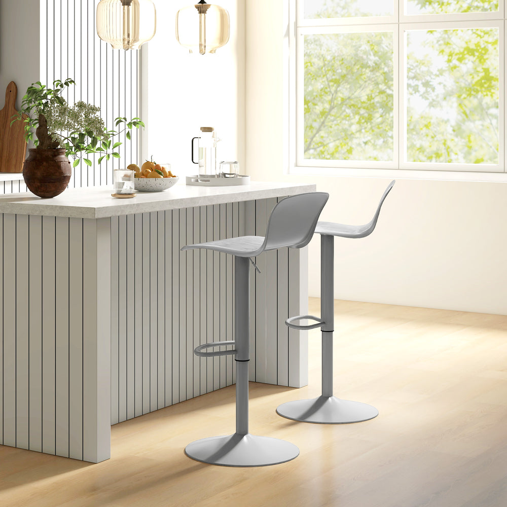 Set of 2 swivel bar stools in polypropylene, adjustable height, footrest and backrest, gray