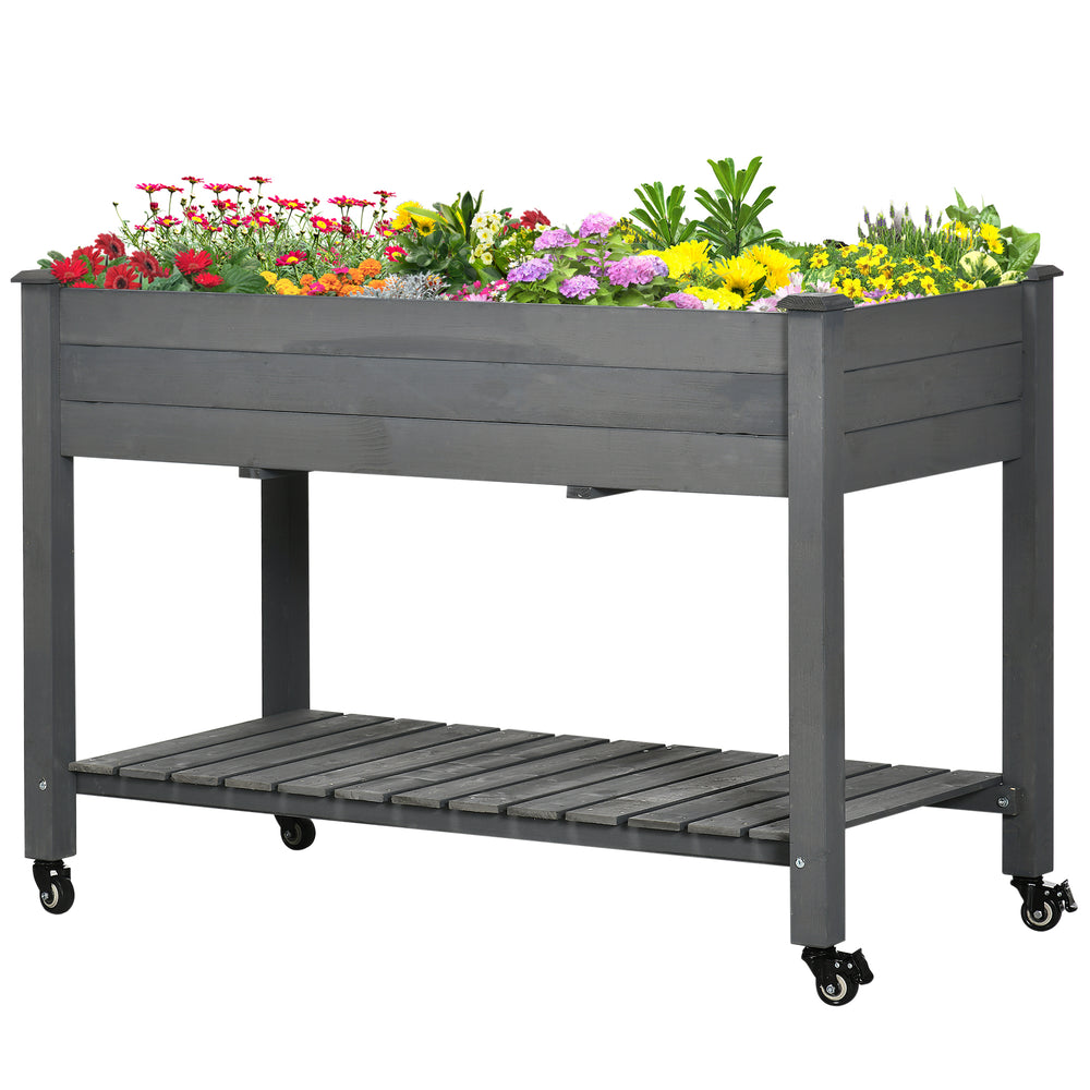 Raised wooden planter with lockable casters and storage shelf, dark grey